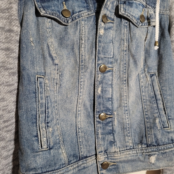 Free People | Distressed Denim Jacket S Grunge Hooded Streetwear Skater Hybrid - Picture 5 of 10